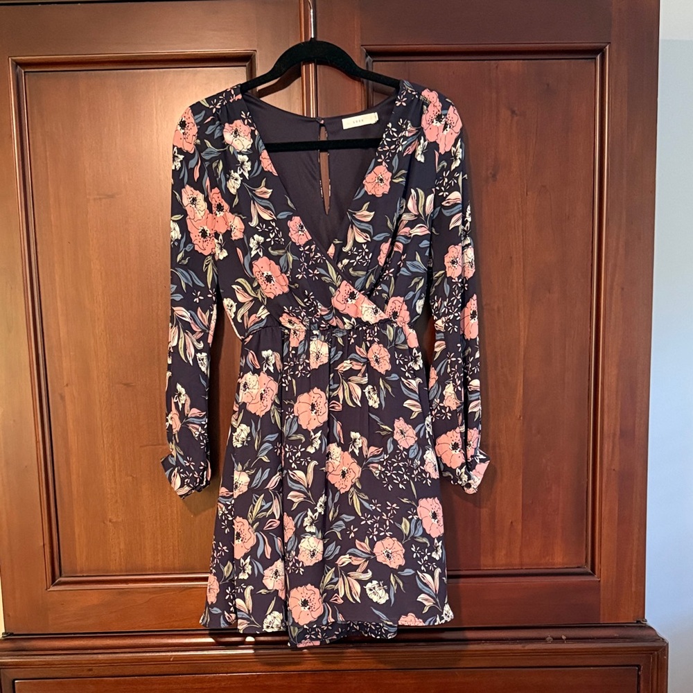 Lush Navy and Pink Floral Long Sleeve Dress with faux wrap and gathered waist